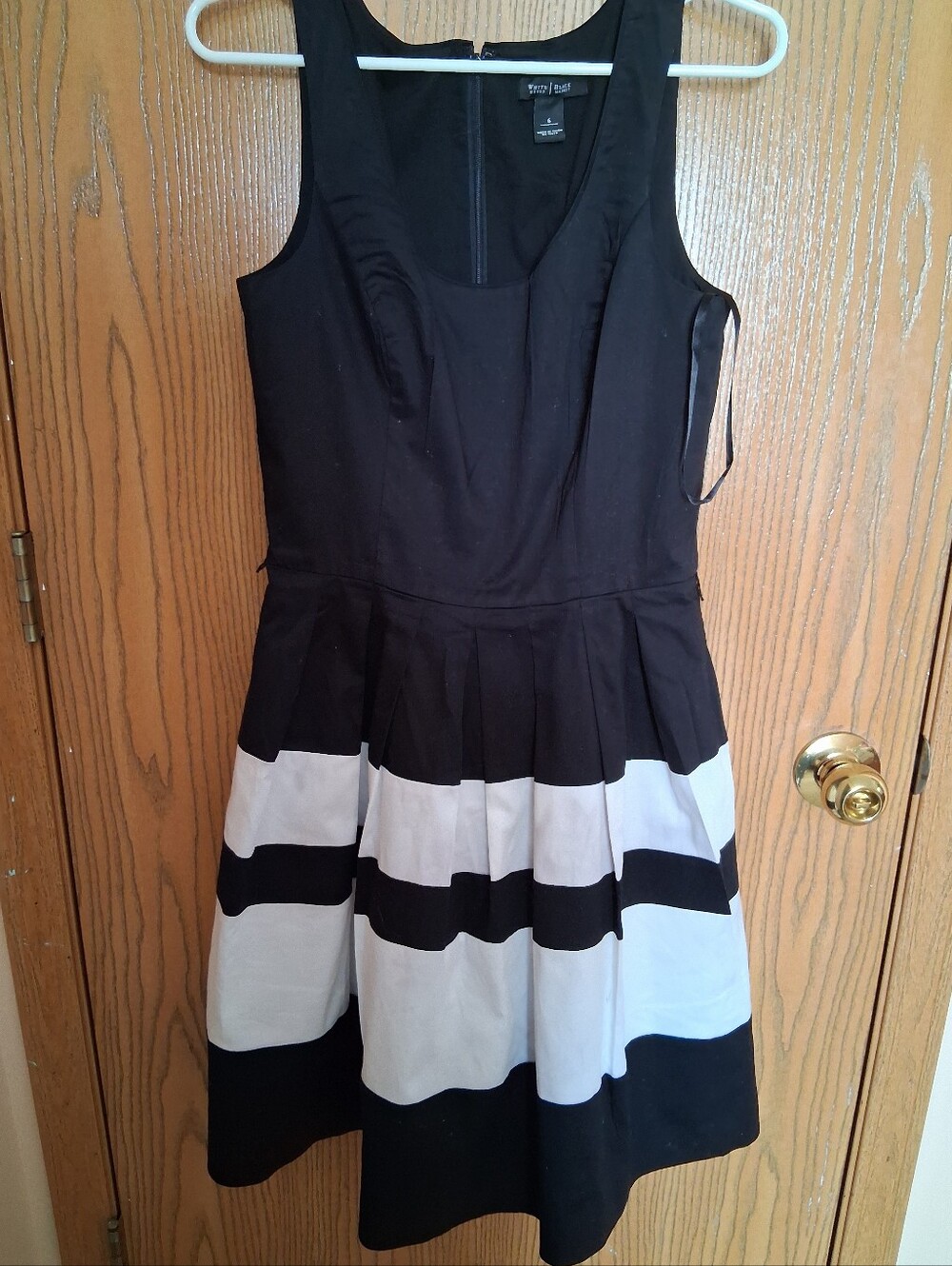 White House Black Market Black and White Striped Pleated Fit-and-Flare Dress